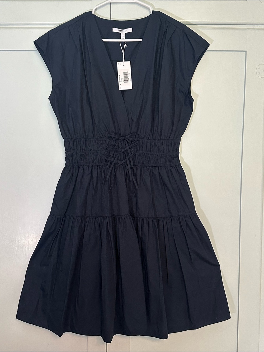 Derek Lam Crosby 10 Navy Cap-Sleeve Smocked Waist Mini Dress